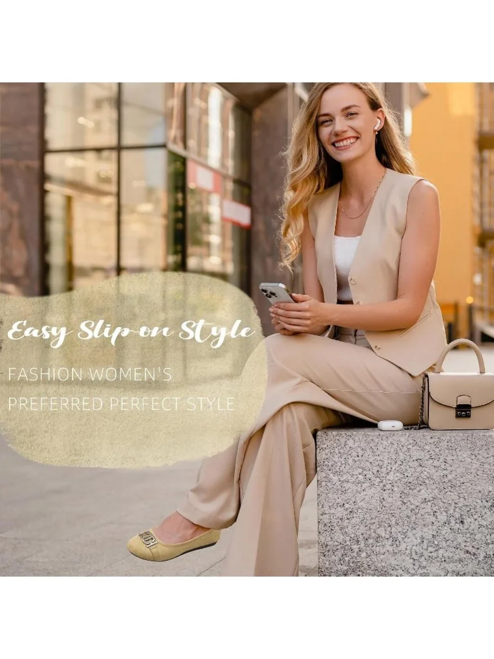 Women's Beige Micro Fiber Comfortable Round Toe Flat Slip on Casual Dressy Shoes